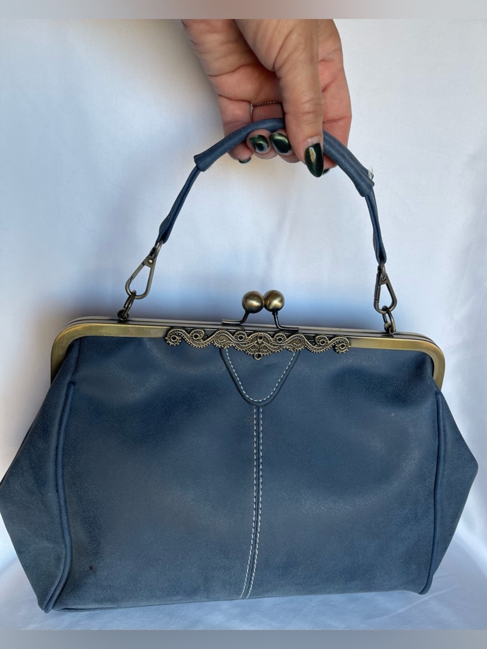 Vintage-Inspired Blue Suede Satchel - Picture 3 of 8